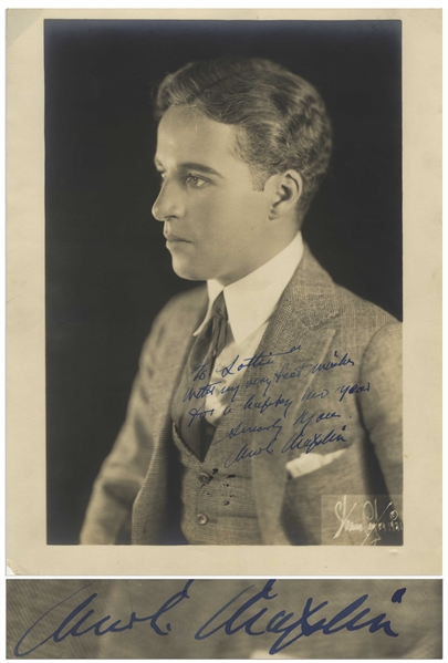 Charlie Chaplin Signed 11 x 14 Photo -- Gorgeous Matte Photo Signed in Bold Blue Ink by Chaplin